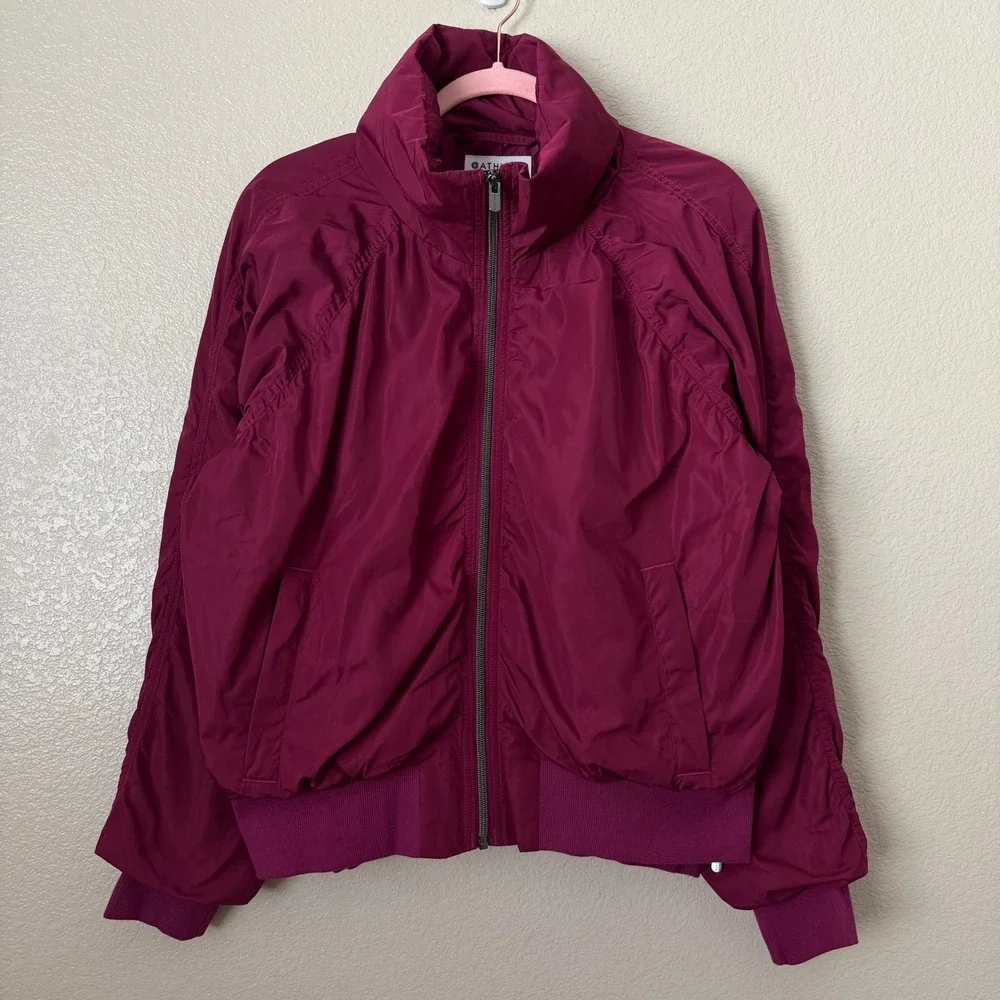 Athleta Jacket Womens Large Purple Jet Set Ruched Bomber Full Side Zip Athletic